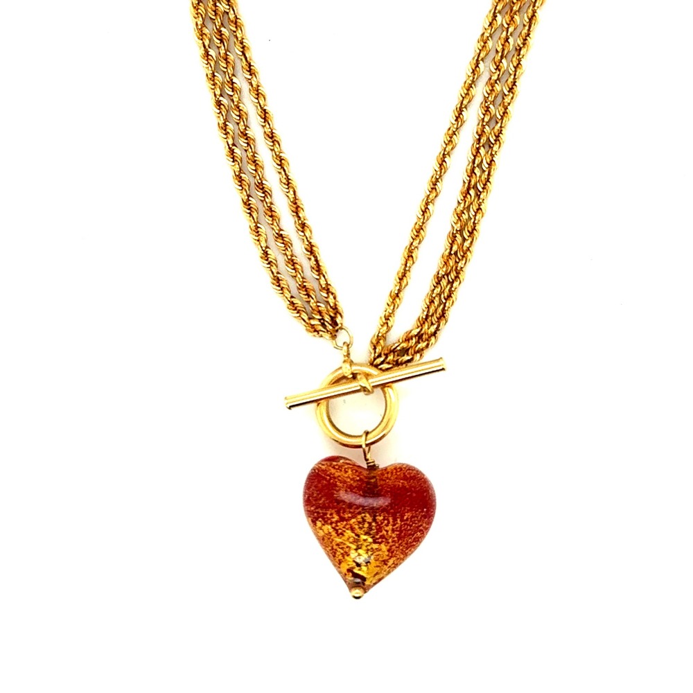 14k Yellow Gold Triple‎ Strand Rope Chain Necklace Red Glass Heart Pendant 17"